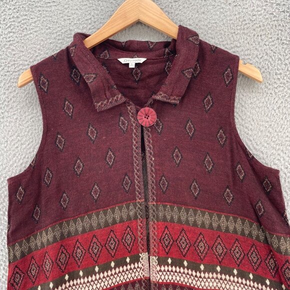 John Mark Sweater Womens Large Burgundy Pattern Vest Wired Collar Button Fringe - Picture 2 of 11